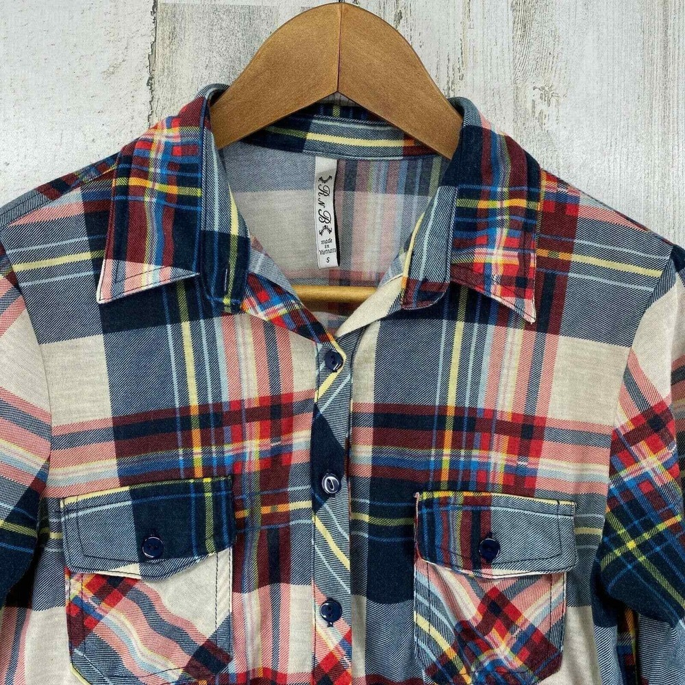 RNB Flannel Button Front Shirt Womens Small Multicolor Plaid Rayon Bonfire Fall - Picture 4 of 8